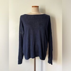 J. Crew Linen NWT Navy Blue Boat Neck Drop Shoulder Sweater Chest Pocket Size M